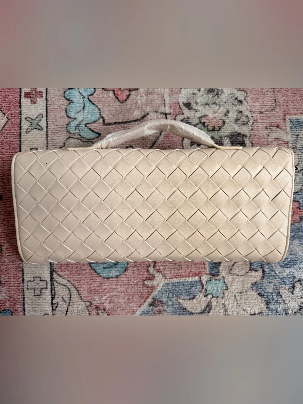 NWT Woven Vegan Leather Top-Handle Clutch in Light Cream
